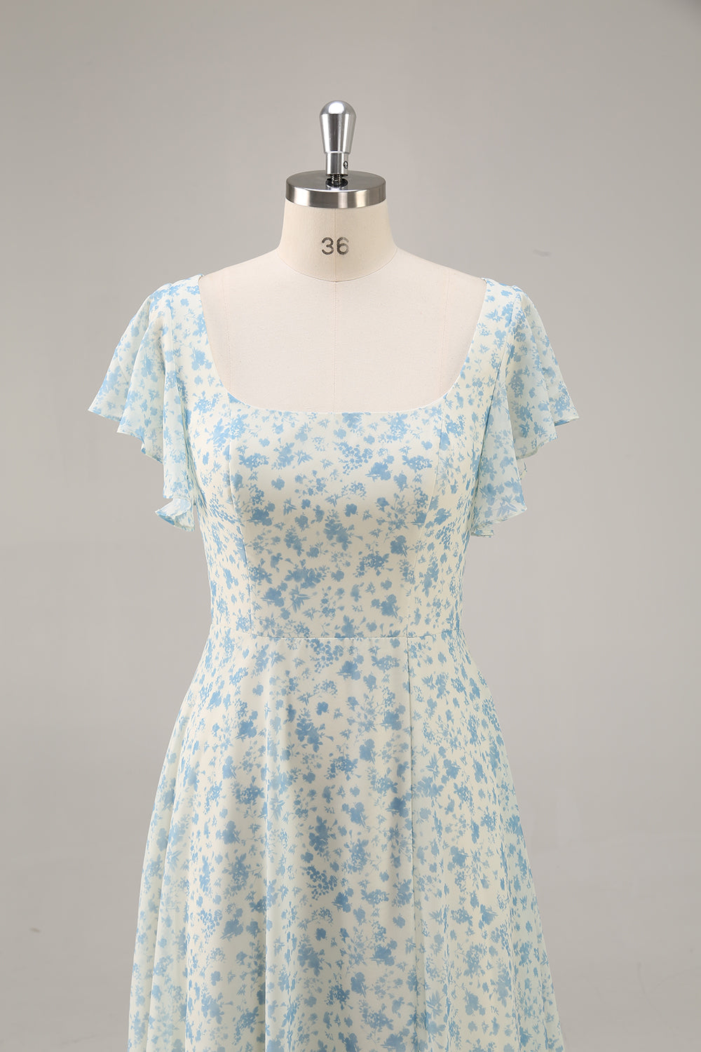 Blue Floral Chiffon Ruffled Long Bridesmaid Dress with Slit