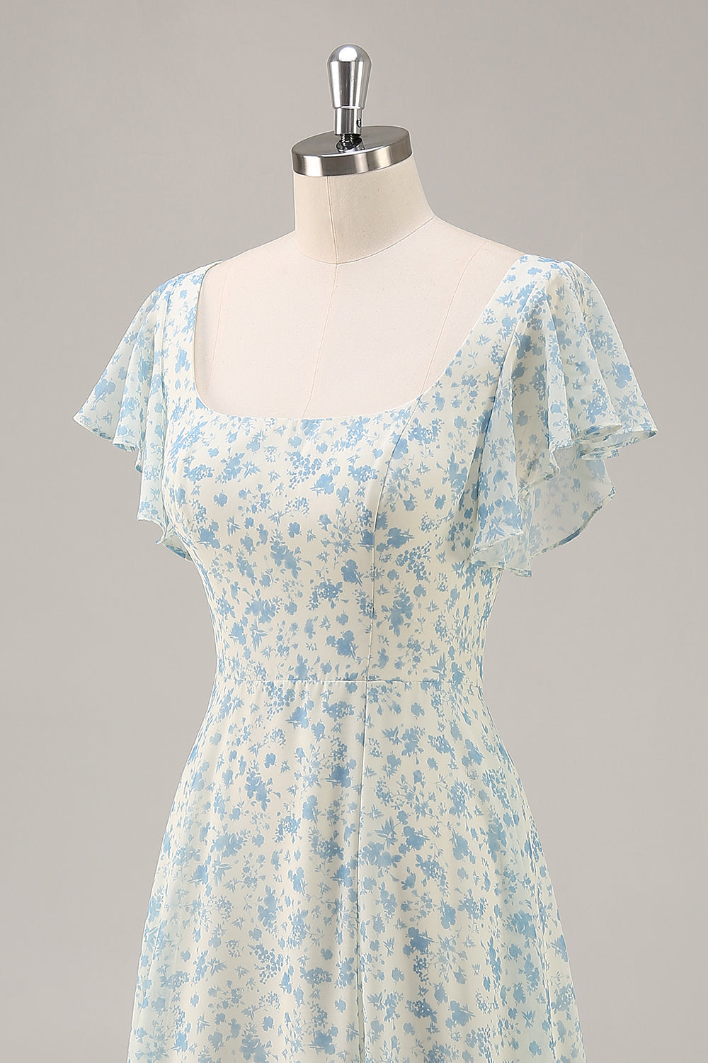 Blue Floral Chiffon Ruffled Long Bridesmaid Dress with Slit