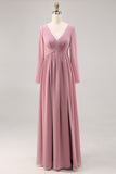 Simple Dusty Rose V-Neck Long Sleeves Bridesmaid Dress with Slit