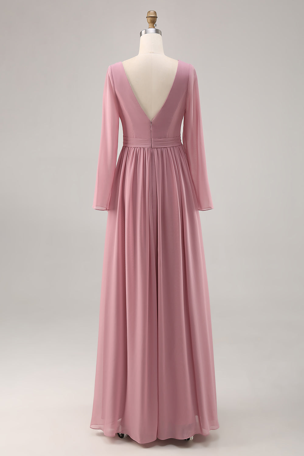 Simple Dusty Rose V-Neck Long Sleeves Bridesmaid Dress with Slit