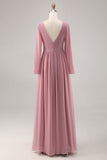 Simple Dusty Rose V-Neck Long Sleeves Bridesmaid Dress with Slit