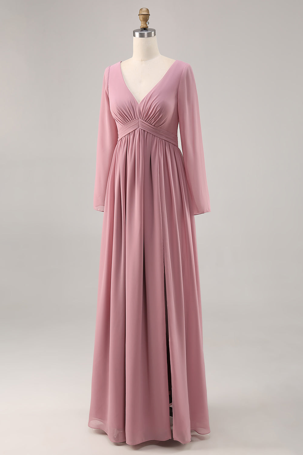 Simple Dusty Rose V-Neck Long Sleeves Bridesmaid Dress with Slit