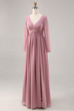 Simple Dusty Rose V-Neck Long Sleeves Bridesmaid Dress with Slit