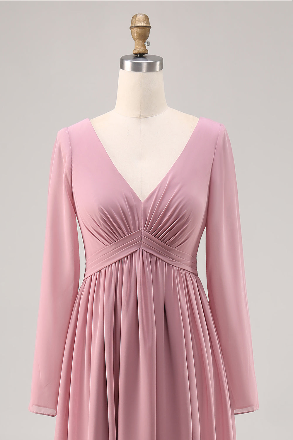 Simple Dusty Rose V-Neck Long Sleeves Bridesmaid Dress with Slit