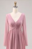 Simple Dusty Rose V-Neck Long Sleeves Bridesmaid Dress with Slit