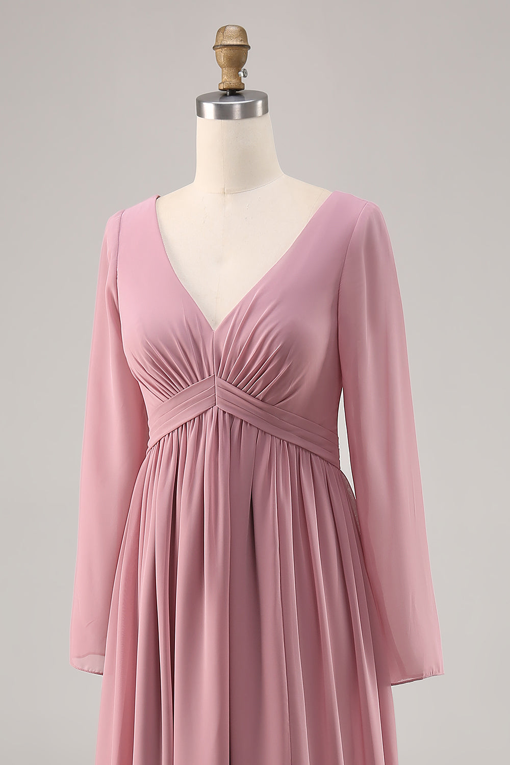 Simple Dusty Rose V-Neck Long Sleeves Bridesmaid Dress with Slit