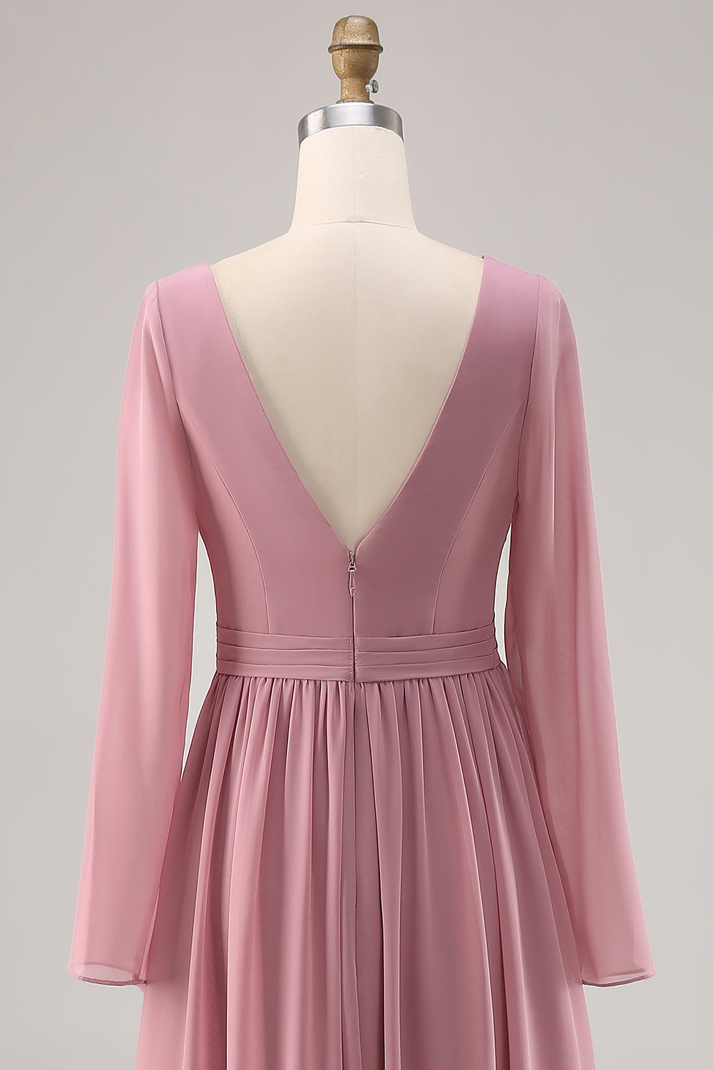 Simple Dusty Rose V-Neck Long Sleeves Bridesmaid Dress with Slit