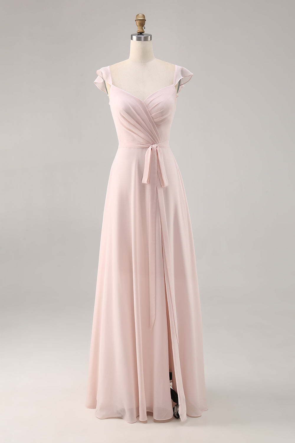 Candy Pink Ruched Cap Sleeves Long Bridesmaid Dress with Sash