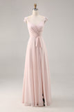 Candy Pink Ruched Cap Sleeves Long Bridesmaid Dress with Sash