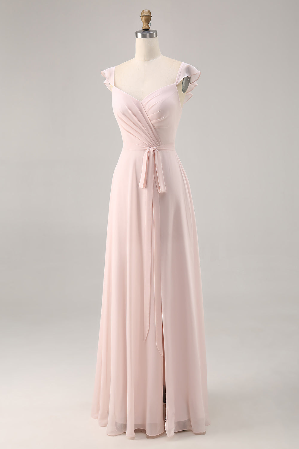 Candy Pink Ruched Cap Sleeves Long Bridesmaid Dress with Sash