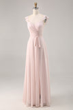 Candy Pink Ruched Cap Sleeves Long Bridesmaid Dress with Sash
