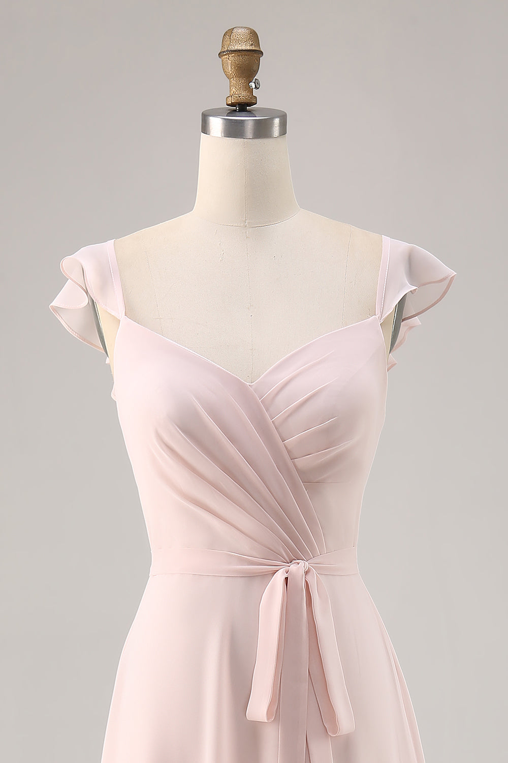 Candy Pink Ruched Cap Sleeves Long Bridesmaid Dress with Sash