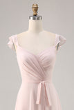 Candy Pink Ruched Cap Sleeves Long Bridesmaid Dress with Sash