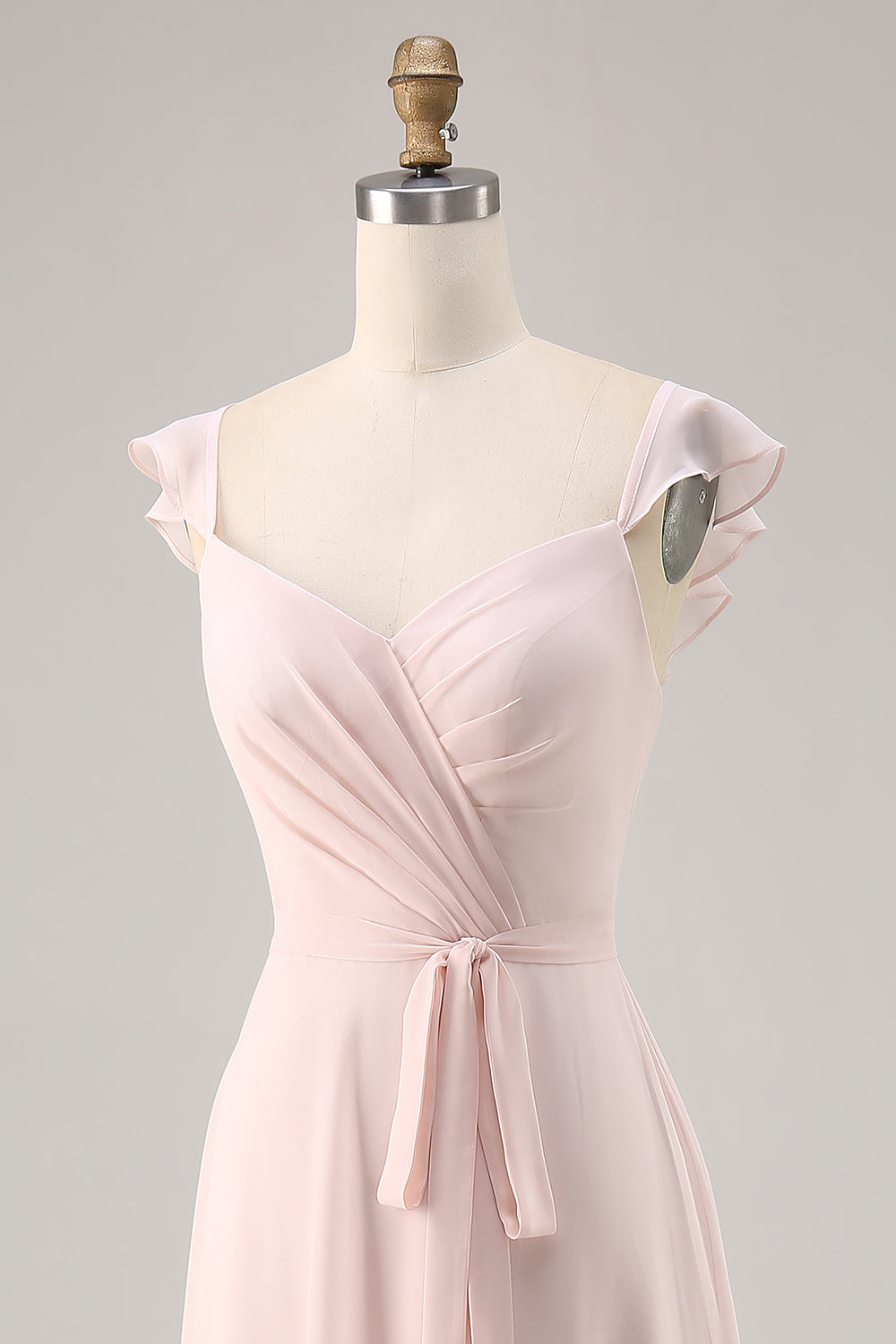 Candy Pink Ruched Cap Sleeves Long Bridesmaid Dress with Sash
