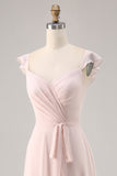 Candy Pink Ruched Cap Sleeves Long Bridesmaid Dress with Sash