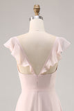 Candy Pink Ruched Cap Sleeves Long Bridesmaid Dress with Sash