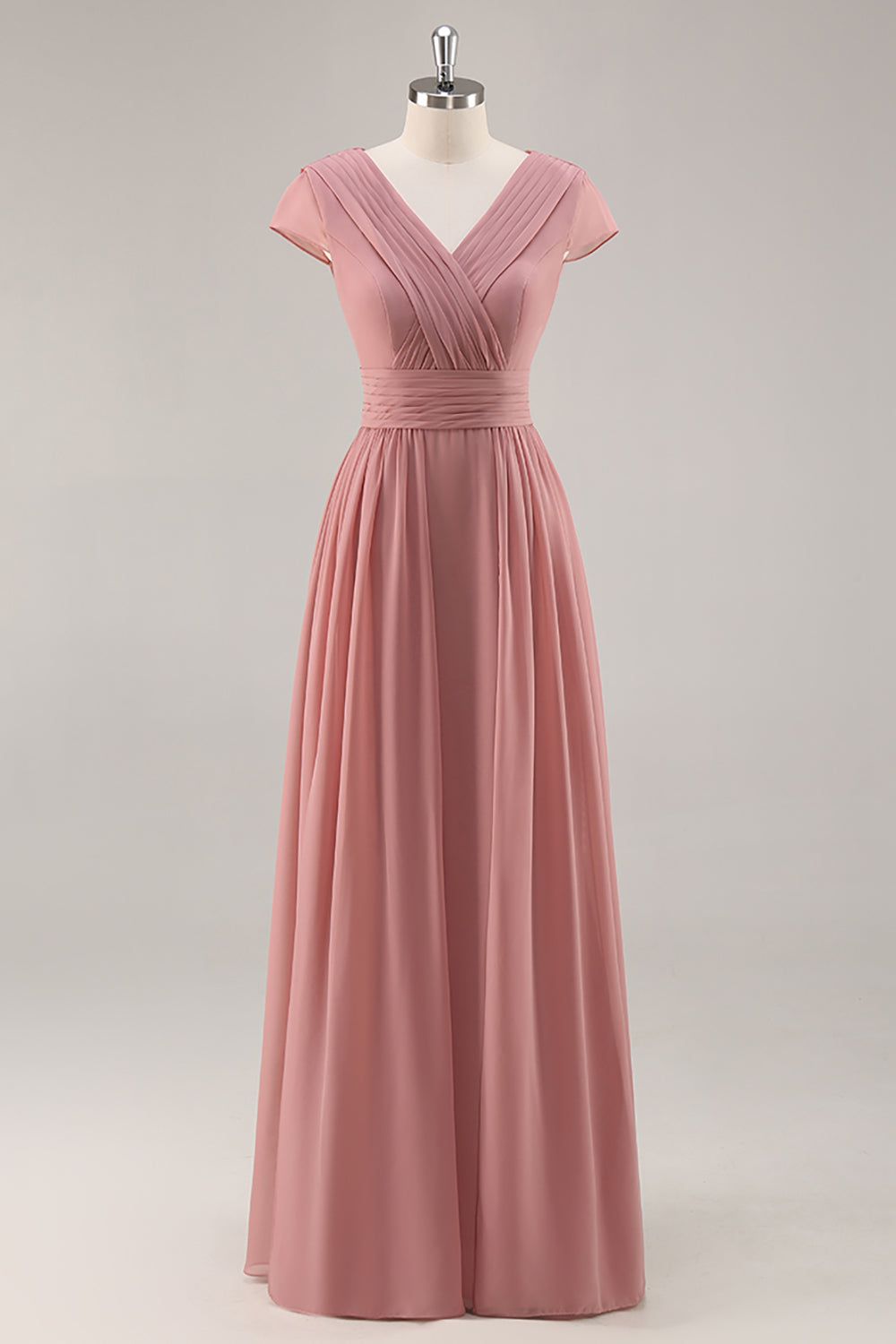 Dusty Rose V-Neck Ruched Chiffon Long Bridesmaid Dress