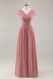 Dusty Rose V-Neck Ruched Chiffon Long Bridesmaid Dress