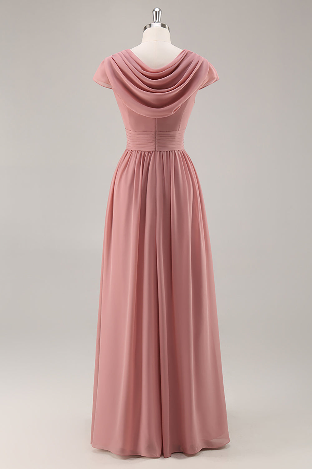 Dusty Rose V-Neck Ruched Chiffon Long Bridesmaid Dress
