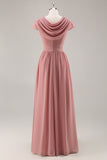 Dusty Rose V-Neck Ruched Chiffon Long Bridesmaid Dress