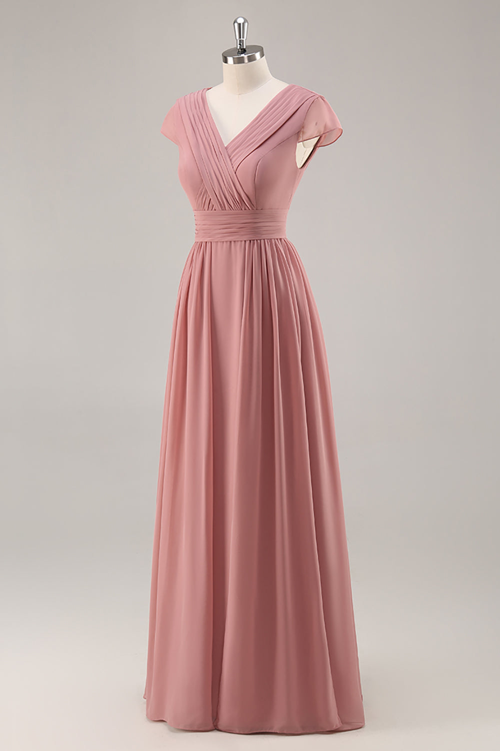 Dusty Rose V-Neck Ruched Chiffon Long Bridesmaid Dress