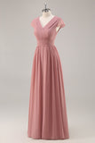 Dusty Rose V-Neck Ruched Chiffon Long Bridesmaid Dress