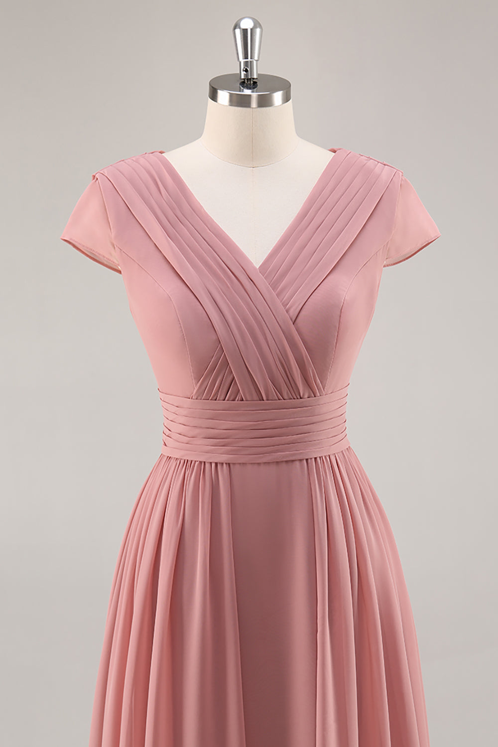 Dusty Rose V-Neck Ruched Chiffon Long Bridesmaid Dress
