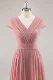 Dusty Rose V-Neck Ruched Chiffon Long Bridesmaid Dress