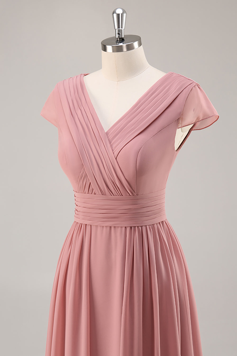 Dusty Rose V-Neck Ruched Chiffon Long Bridesmaid Dress