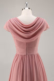 Dusty Rose V-Neck Ruched Chiffon Long Bridesmaid Dress