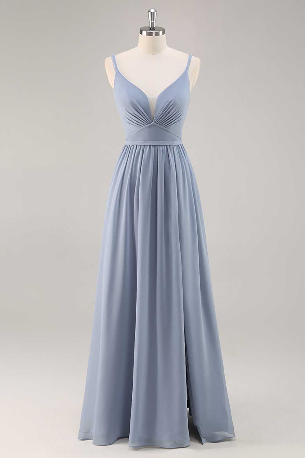 Dusty Blue Ruched Chiffon Long Bridesmaid Dress with Slit