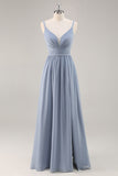 Dusty Blue Ruched Chiffon Long Bridesmaid Dress with Slit
