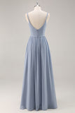 Dusty Blue Ruched Chiffon Long Bridesmaid Dress with Slit