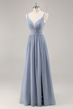 Dusty Blue Ruched Chiffon Long Bridesmaid Dress with Slit