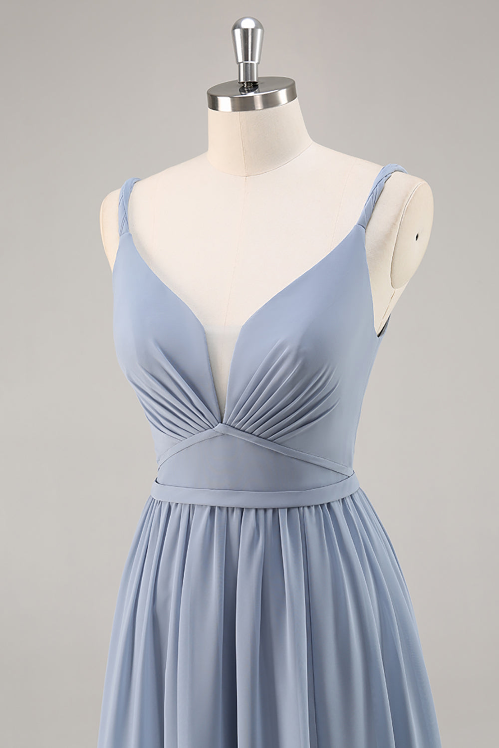 Dusty Blue Ruched Chiffon Long Bridesmaid Dress with Slit