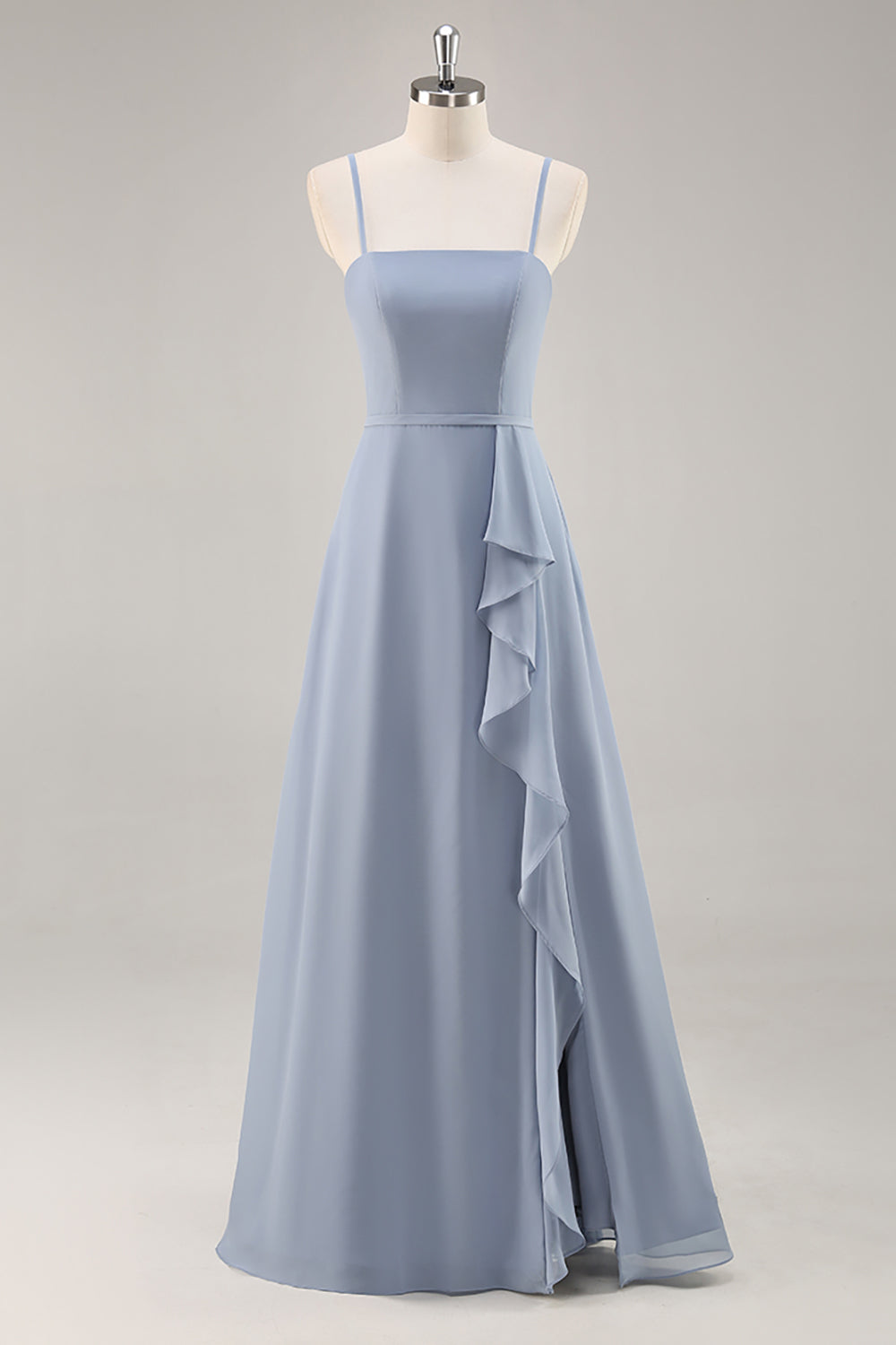 Dusty Blue A Line Chiffon Long Bridesmaid Dress with Ruffles