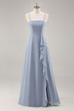 Dusty Blue A Line Chiffon Long Bridesmaid Dress with Ruffles