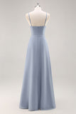 Dusty Blue A Line Chiffon Long Bridesmaid Dress with Ruffles