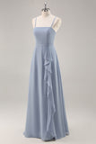 Dusty Blue A Line Chiffon Long Bridesmaid Dress with Ruffles
