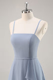Dusty Blue A Line Chiffon Long Bridesmaid Dress with Ruffles