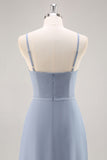 Dusty Blue A Line Chiffon Long Bridesmaid Dress with Ruffles