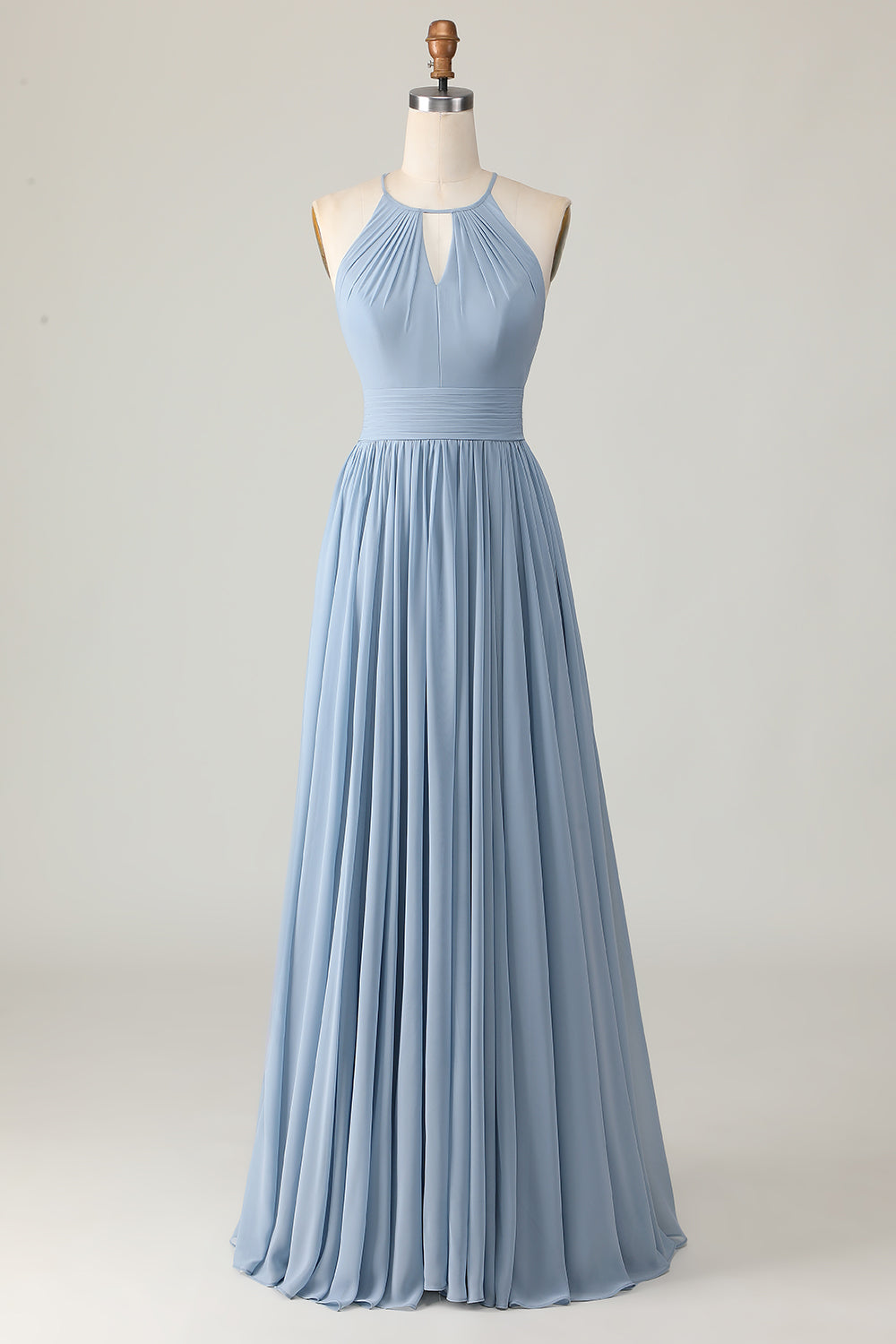 Dusty Blue Halter Ruched Long Bridesmaid Dress with Keyholes