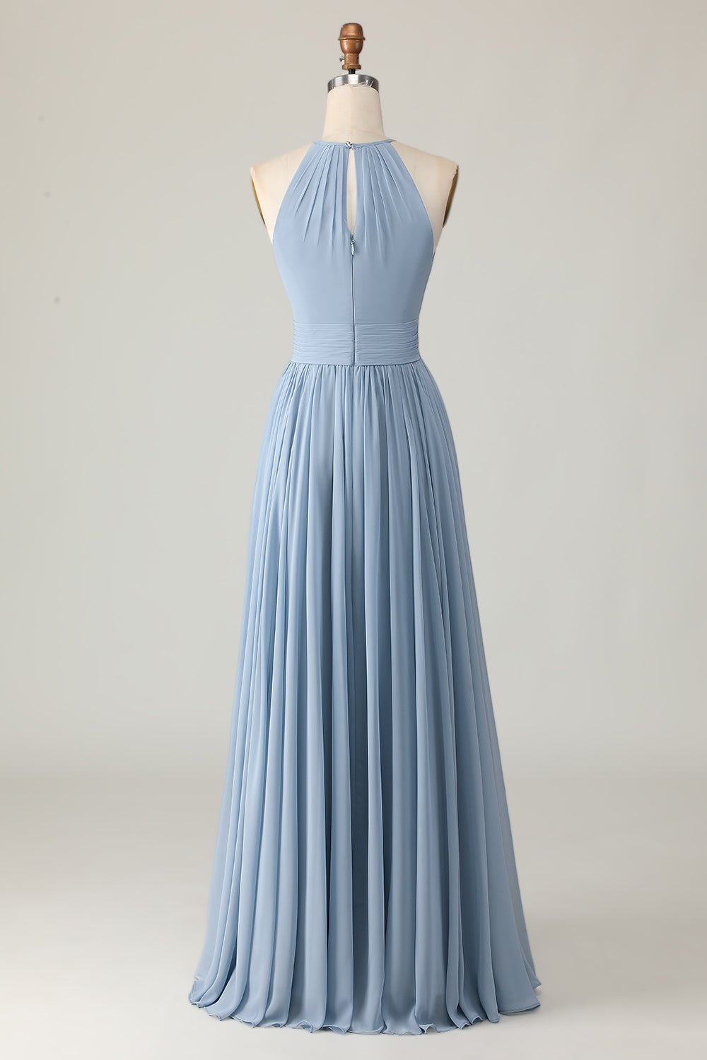 Dusty Blue Halter Ruched Long Bridesmaid Dress with Keyholes
