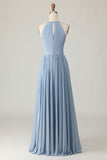 Dusty Blue Halter Ruched Long Bridesmaid Dress with Keyholes