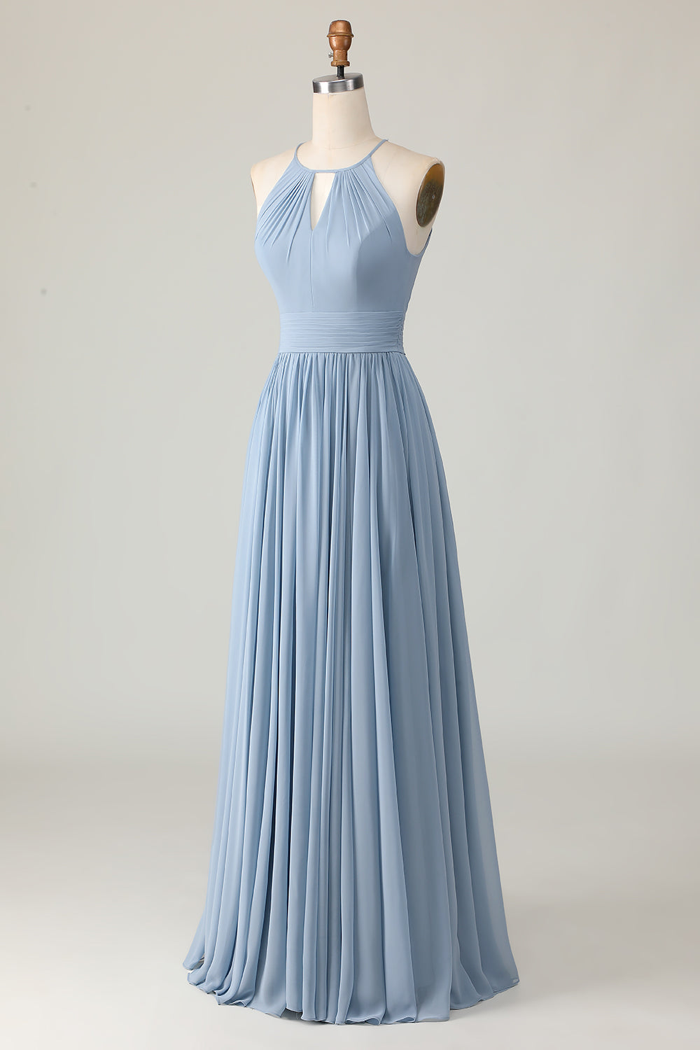 Dusty Blue Halter Ruched Long Bridesmaid Dress with Keyholes