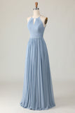 Dusty Blue Halter Ruched Long Bridesmaid Dress with Keyholes