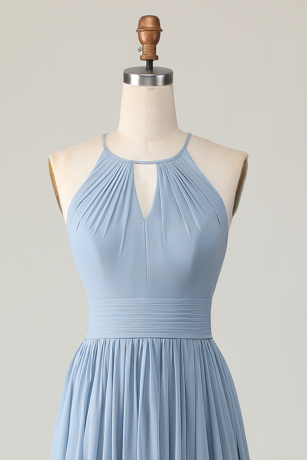 Dusty Blue Halter Ruched Long Bridesmaid Dress with Keyholes