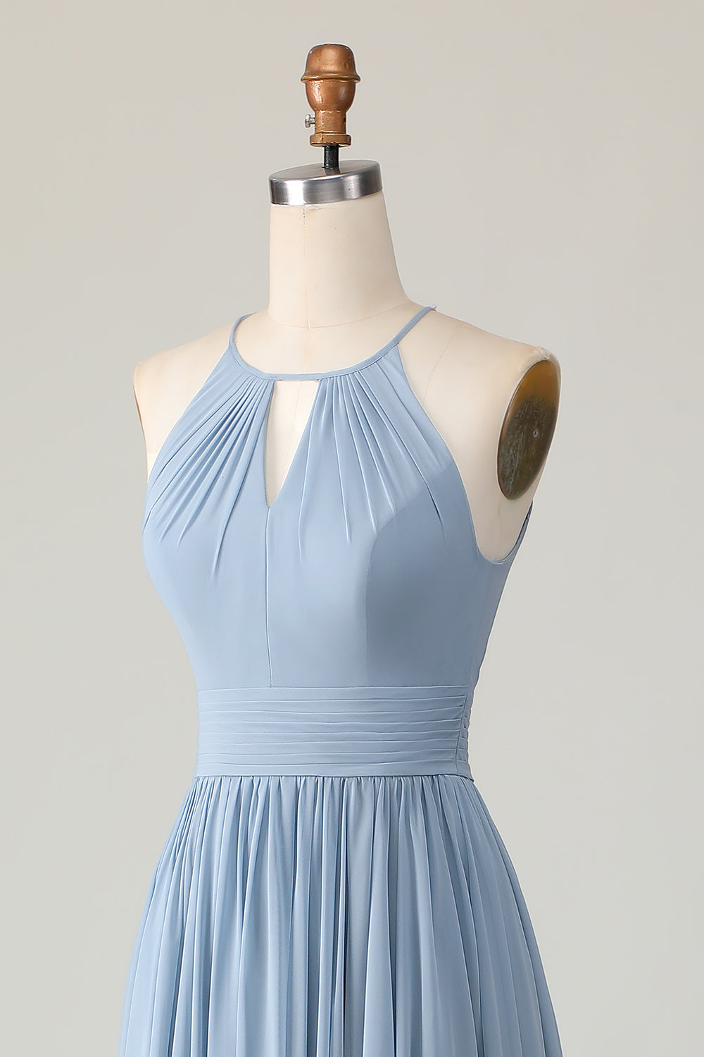Dusty Blue Halter Ruched Long Bridesmaid Dress with Keyholes