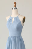 Dusty Blue Halter Ruched Long Bridesmaid Dress with Keyholes