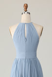 Dusty Blue Halter Ruched Long Bridesmaid Dress with Keyholes